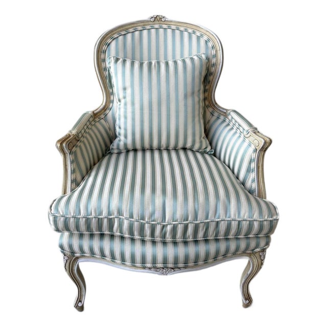 Vintage French Louis XV Style Striped Silk Bergère Chair With Matching Pillow For Sale