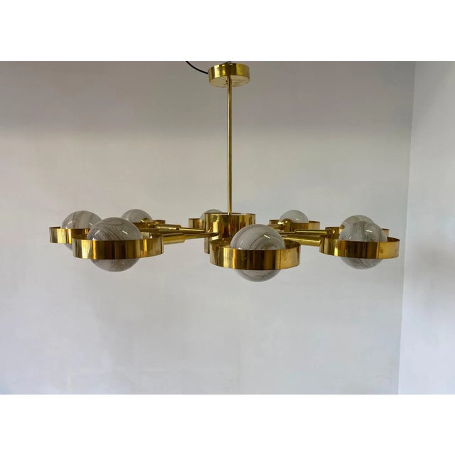 Italian Art Deco Murano Glass & Brass Ceiling Lamp For Sale - Image 3 of 17