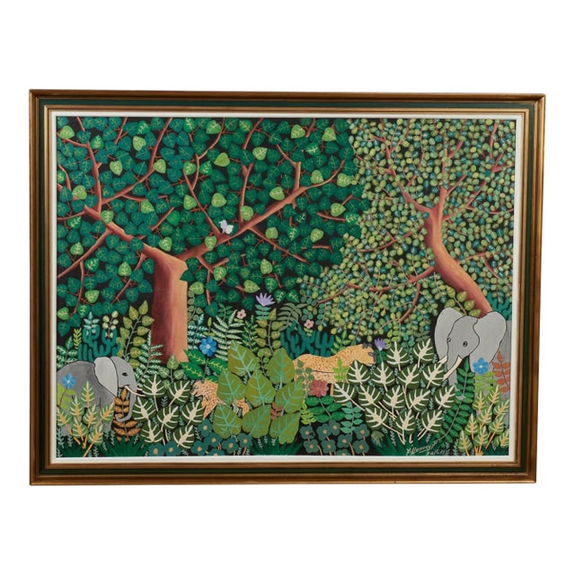 Vintage Haitian Painting of a Jungle Scene With Animals For Sale
