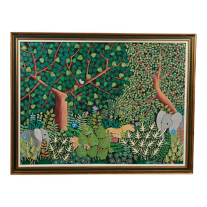 Vintage Haitian Painting of a Jungle Scene With Animals