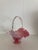 Vintage Fenton Art Glass Cranberry Opalescent Hobnail Basket. Clear, receded glass handle. Delicate. No chips or cracks.