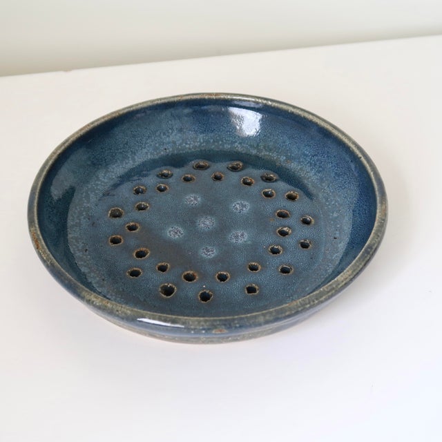 Ceramic Signed Studio Pottery Ceramic Colander Dish in Mottled Blue Glaze For Sale - Image 7 of 15