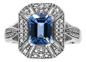 .925 Sterling Silver Diamond Accent and 8X6 mm Emerald-Shape Blue Topaz Ring (I-J Color, I2-I3 Clarity), Size 6.5