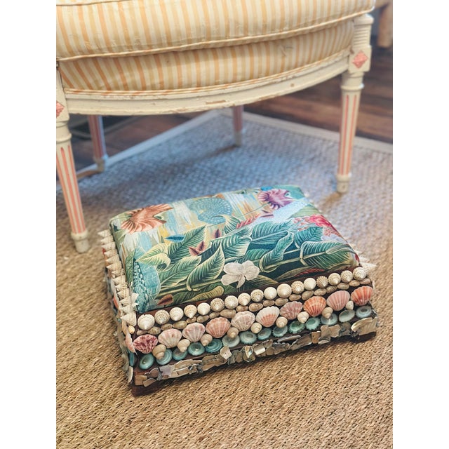 Antique Footstool Covered in Shells, Reupholstered in Designer Velvet For Sale - Image 4 of 11