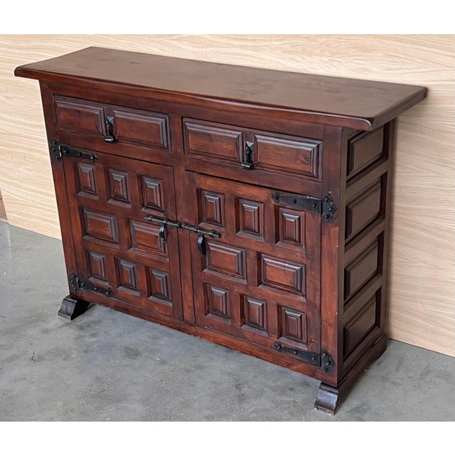 Baroque Late 19th Century Spanish Baroque Carved Walnut Tuscan Two Drawer Credenza or Buffet For Sale - Image 3 of 18