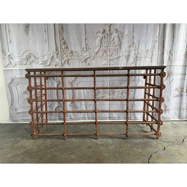 Rustic Console Table With Textured Stone Top and Hand-Forged Iron Base For Sale - Image 11 of 18