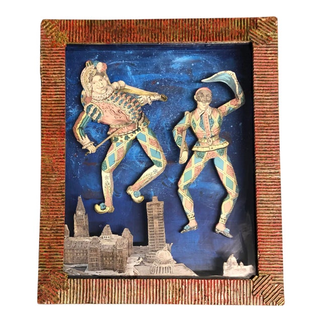 Original Contemporary Diorama Collaged 3d Court Jesters in Shadowbox Hand Made Frame Signed For Sale