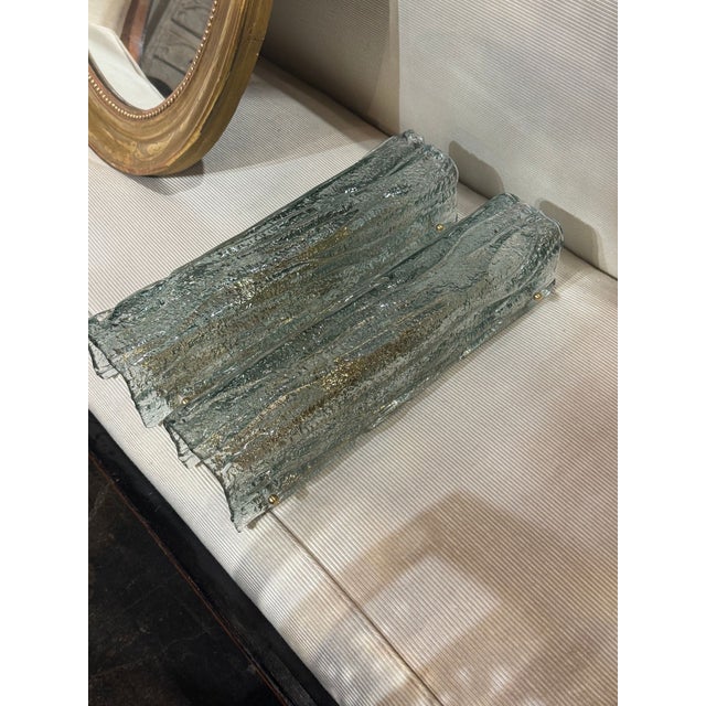 Modern Pair of Murano Fontana Green Granola Glass Square Tube Sconces For Sale - Image 3 of 6