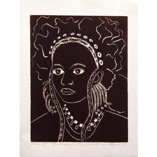 Lester Hines Princess in Braids 1978 Hand Signed Linocut Print Unframed For Sale