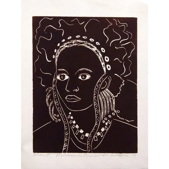 Lester Hines Princess in Braids 1978 Hand Signed Linocut Print Unframed For Sale