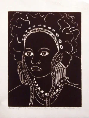 Lester Hines Princess in Braids 1978 Hand Signed Linocut Print Unframed