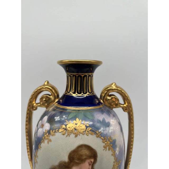 Royal Bonn Lovely Lady Cobalt & Gilt Porcelain Pedestal Vase Signed J. Duren For Sale - Image 9 of 12