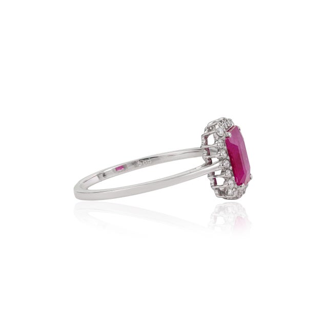 Metal 1.05ct Emerald-Cut Ruby & Diamond Halo Engagement Ring Size 6.5 in 14k Gold For Sale - Image 7 of 16