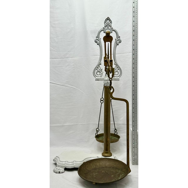 Very Large Size Antique Brass & Enameled Cast Iron Manchester England Wholesale Poultry Sellers Scale - 34 Inches Tall For Sale - Image 18 of 18