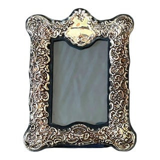1970s Rococo Revival Silverplated Picture Frame With Floral Scrollwork and Crest Cartouche 8.5" X 6.5" for 4"x6" Image For Sale