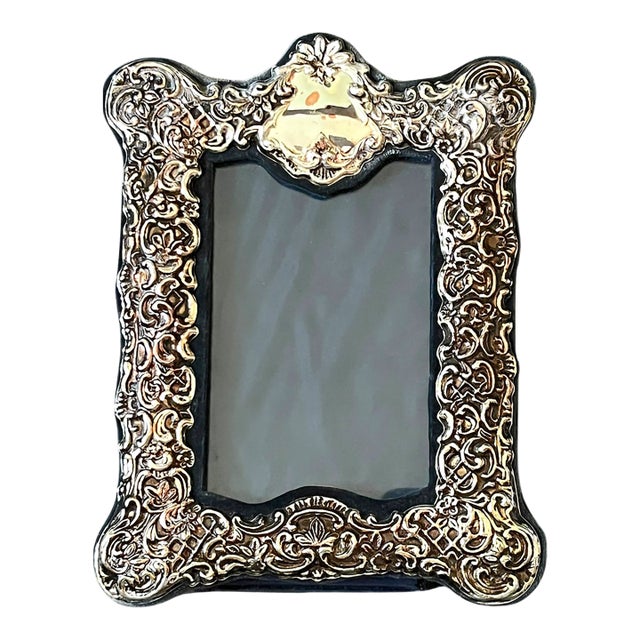 1970s Rococo Revival Silverplated Picture Frame With Floral Scrollwork and Crest Cartouche 8.5" X 6.5" for 4"x6" Image For Sale