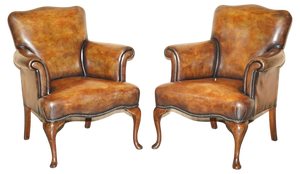 Set of Art Deco Hand Dyed Cigar Brown Leather Club Armchairs