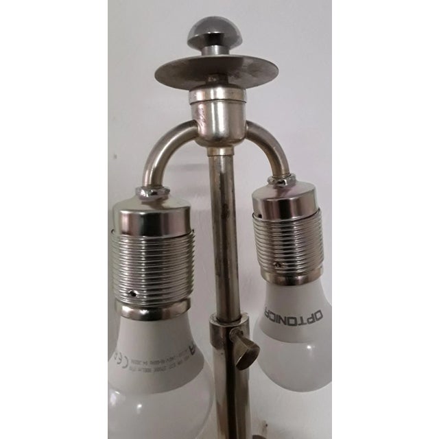 Art Deco Table Lamp with Internally Illuminated Colored Glass Base, Silver Plated Brass Mount & Beige Parchment Shade, 1930s For Sale - Image 12 of 15