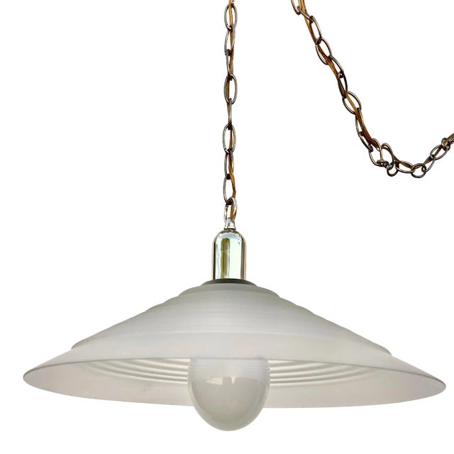 Large Vintage Mid Century Modern Ribbed Glass Ceiling Pendant. For Sale