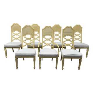 1970s Vintage Lane Furniture Butter Yellow Partial Cane Back Dining Chairs, Set of 7 For Sale