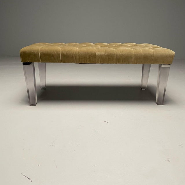 2010s Contemporary, Modern Tufted Window Bench, Chrome, Acrylic, Green Velvet, 2010s For Sale - Image 5 of 9