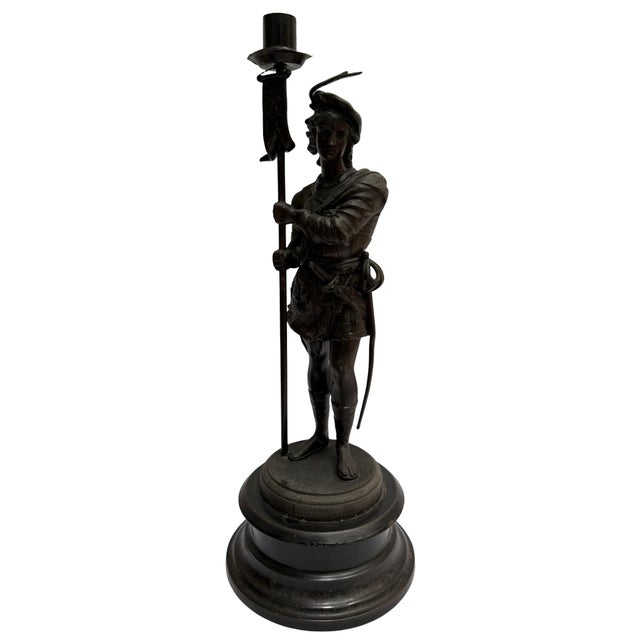 Metal 19th Century French Antique Spelter Figural Candlesticks – Pair of Renaissance Troubadour Warriors For Sale - Image 7 of 9