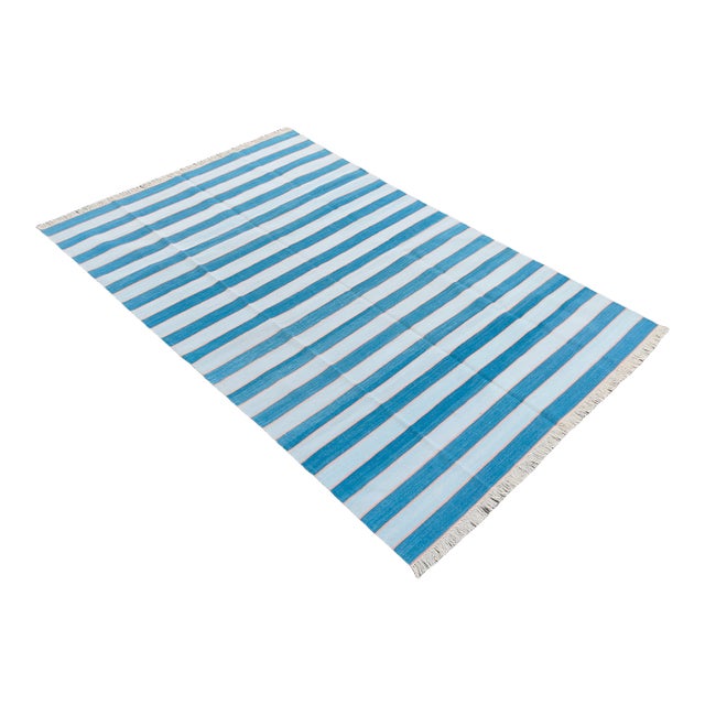 Handmade Cotton Area Rug, Natural Vegetable Dyed, Blue and Orange Striped Rug - 9'x12' For Sale