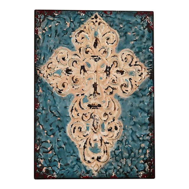 Distressed Teal & Ivory Fleur-De-Lis Metal Wall Art – 14” X 19” For Sale