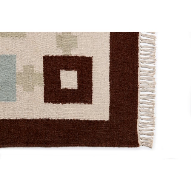 Part & Parcel Goods Wool Chain Rug 2’6” x 8', Celadon, Sky Blue, Chocolate and Eggshell For Sale - Image 4 of 6