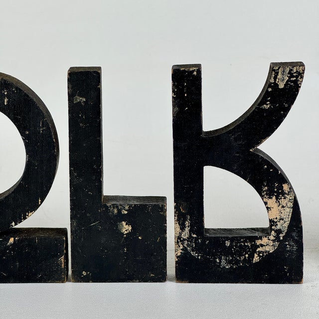 Mid 20th Century Unique Vintage Wooden Letters Spelling "Folk Art" in Art Deco Design & Weathered Black Paint For Sale - Image 5 of 10