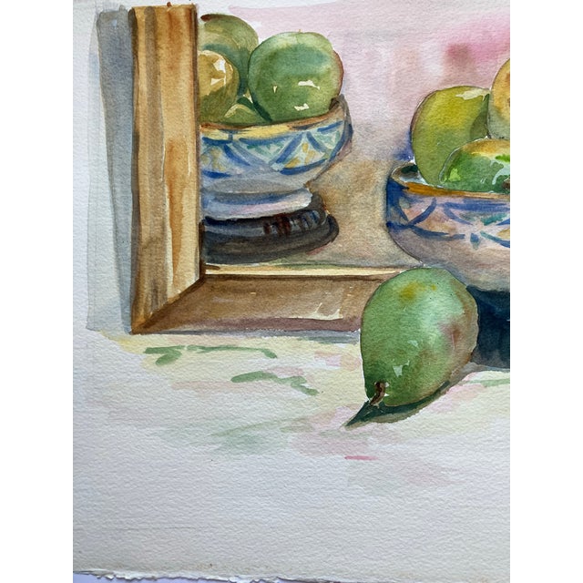 Contemporary 1980’s Original Watercolor Still Life Painting Green Pears in Bowl With Mirror For Sale - Image 3 of 4