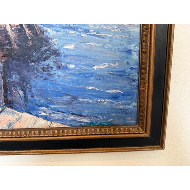 Paint V. Caskey Coastal Harbor Vintage Oil Painting Signed 1975 Maritime Seascape Art For Sale - Image 7 of 12