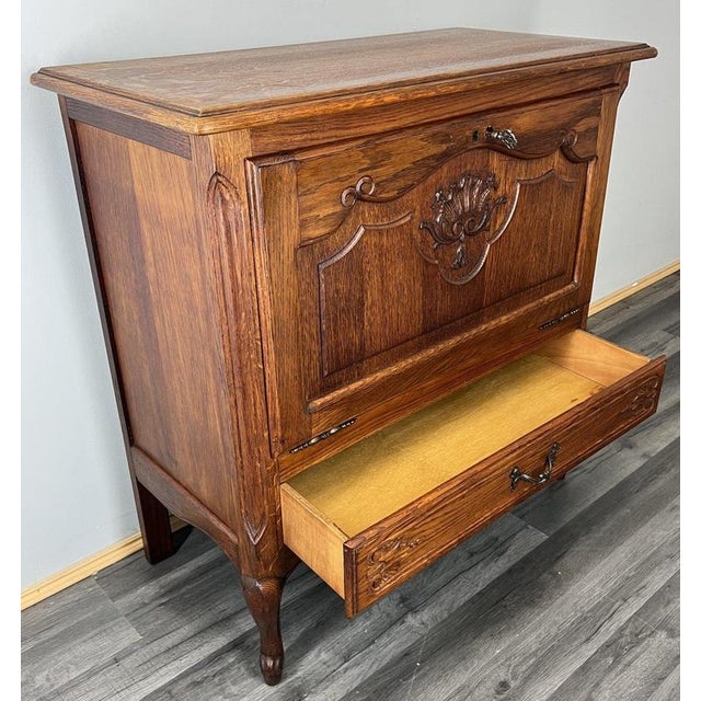 Vintage French Louis XVI Style Carved Oak Cabinet with Drawer For Sale - Image 3 of 15