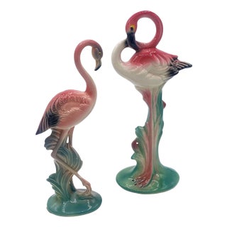 1940s Mid-Century Pink Flamingo Ceramic Tabletop Statue Set by Brad Kealer, 2 Pieces For Sale