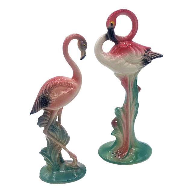 1940s Mid-Century Pink Flamingo Ceramic Tabletop Statue Set by Brad Kealer, 2 Pieces For Sale