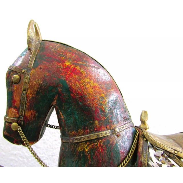 Asian 1950s Vintage Pair of Tall Solid Wood Carved Horse Sculptures With Copper and Brass Accents For Sale - Image 3 of 12