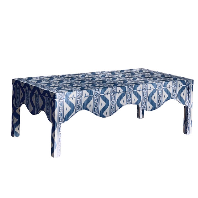 Custom Scalloped Coffee Table in Blue Ikat For Sale - Image 13 of 16