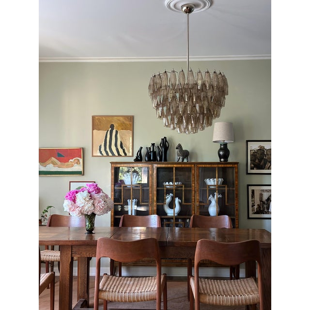 Classic elegant murano chandelier in the style of scarpa with beautiful hand blown poliedri prisms in sand colored glass....