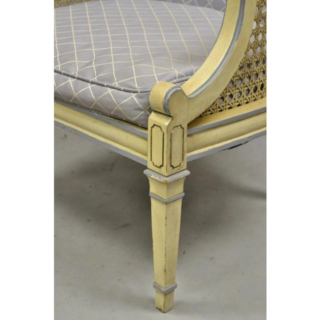 Wood Vintage Hollywood Regency Cream Painted Cane Side Club Lounge Chairs - A Pair For Sale - Image 7 of 12