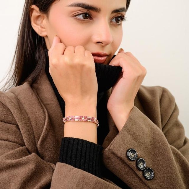 Greek Inspired Channel Set Ruby Diamond Vintage Link Bracelet in 14k Gold For Sale - Image 4 of 14