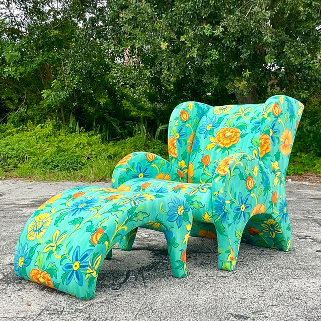 Thayer Coggin Vintage Boho Thayer Coggin Floral Chair and Ottoman Set For Sale - Image 4 of 9