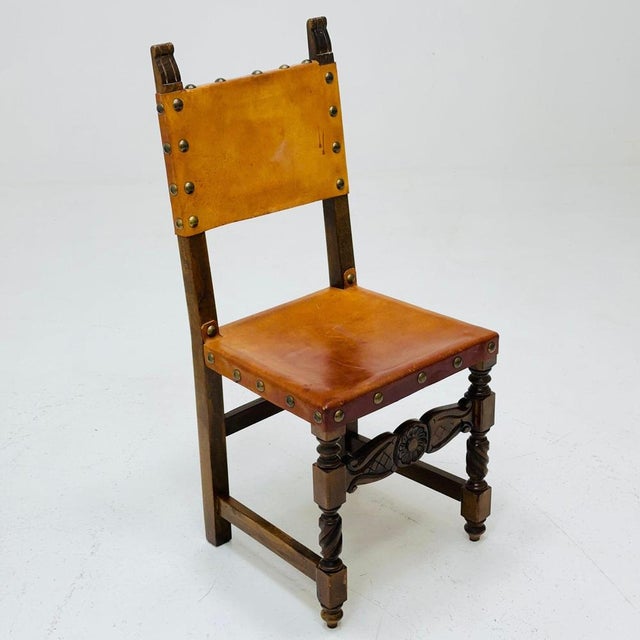 Antique Swedish Folk Art Farm Country Dining Chairs in Pine and Tan Leather, 1890s For Sale - Image 5 of 11