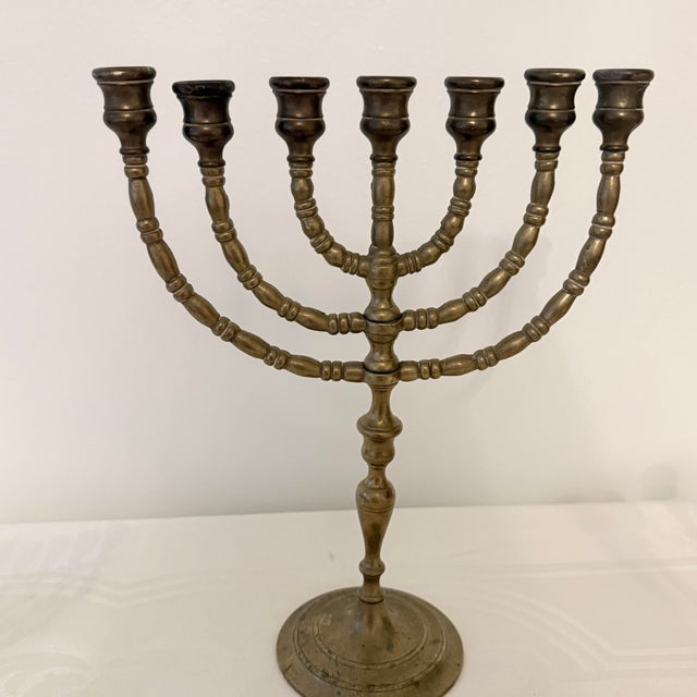 Mid-20th Century Trio Variegated Height Brass Menorahs For Sale - Image 4 of 12