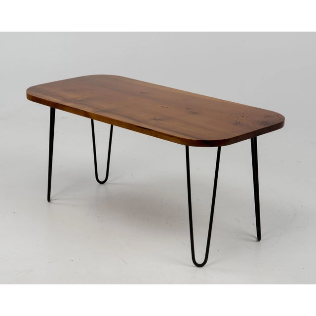 A handmade 1960s hairpin coffee table, the last photograph shows the price tag of the hairpin leg. One plank of hardwood...