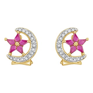 Star & Crescent Moon Ruby Diamond Earrings 1.14cttw 14k Yellow Gold, 2 Pieces For Sale