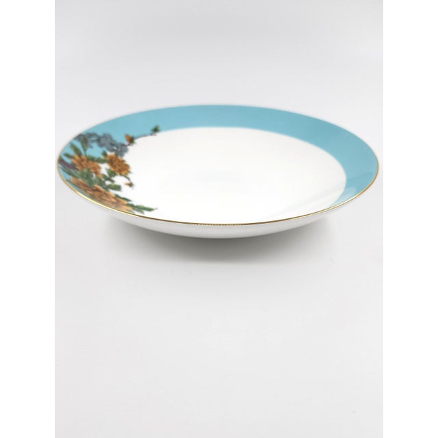 Exquisite Three-Piece Bone China Serving Set With Covered Dome Turquoise Border & Peony Motif For Sale - Image 4 of 13