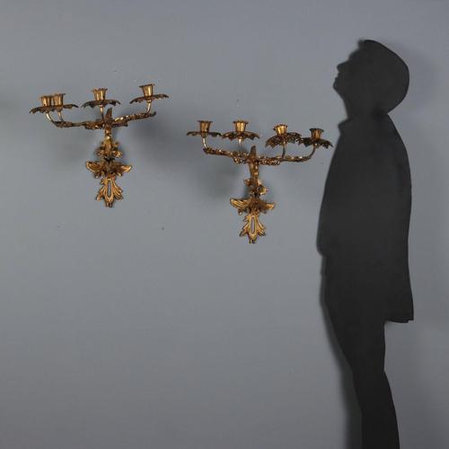 Pair of Baroque-style gilded bronze wall lamps, four lights. The arms feature leafy scrolls and floral elements. This...