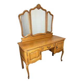 French Louis Style Oak Dressing Table with Mirror For Sale