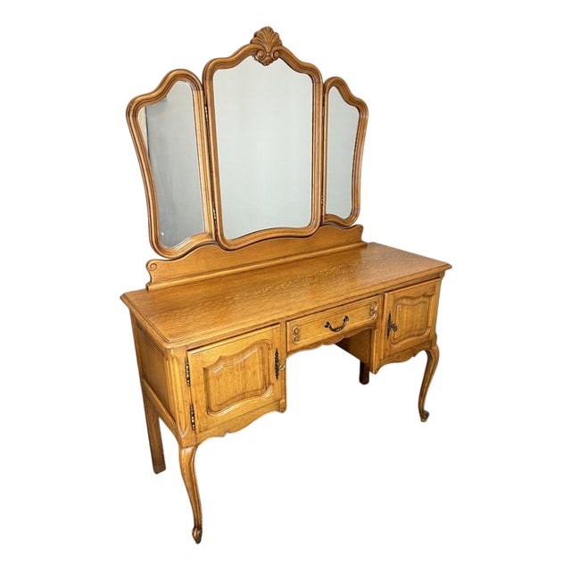 French Louis Style Oak Dressing Table with Mirror For Sale