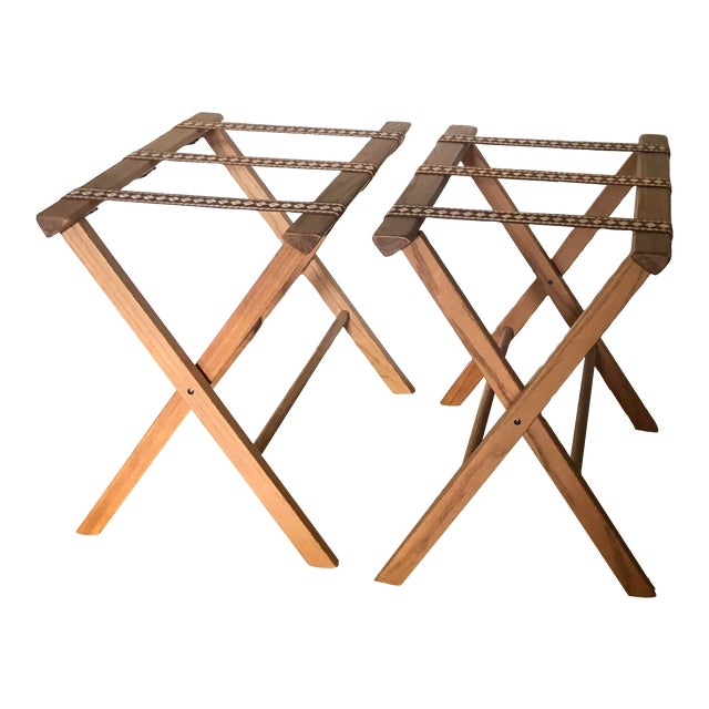 Late 20th Century Solid Oak Folding Wood Luggage Racks With Tapestry Attributed to Schreibe